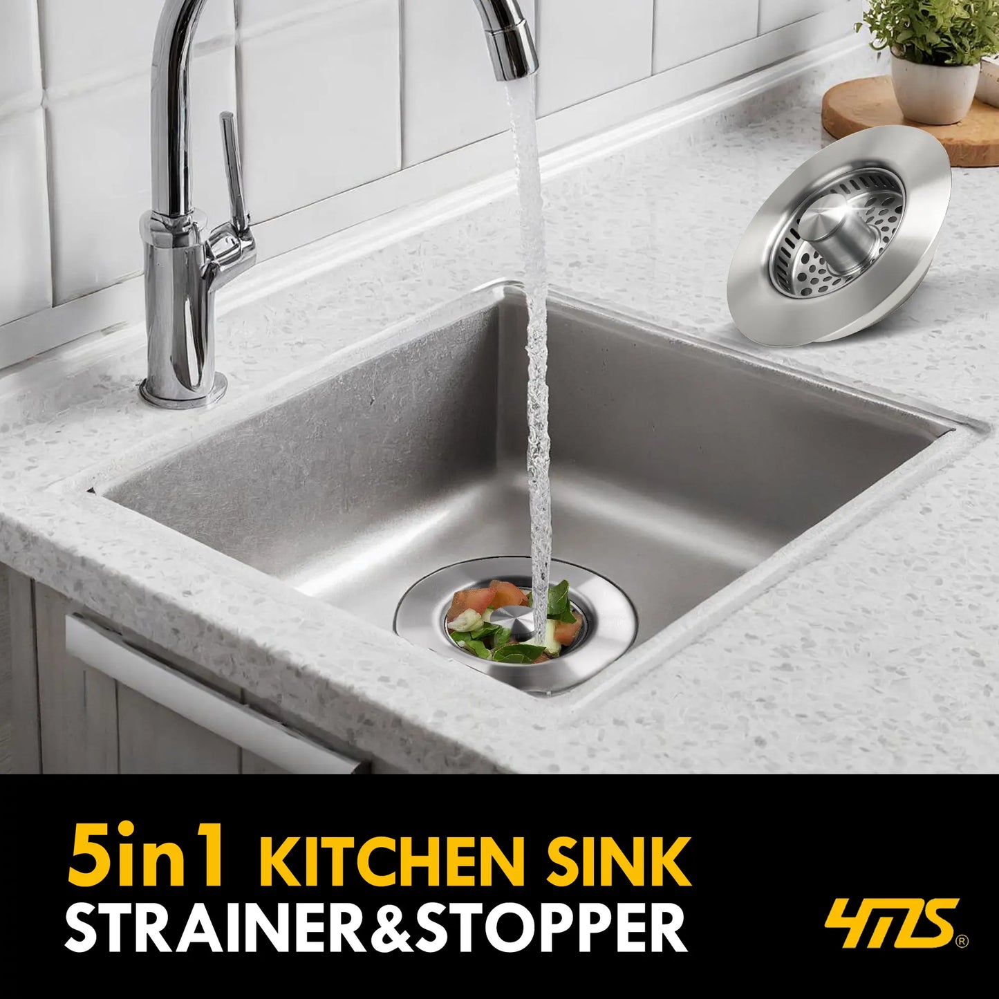 YMS 5-In-1 Stainless Steel Sink Aid Kitchen Sink Drain Strainer Food Catcher Popup Stopper Odor Filter Multi-Functional Strainer Accessories