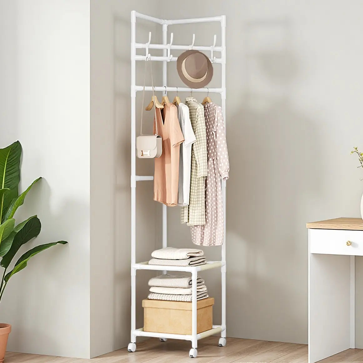 SUOERNUO Black/White 2-Tier Freestanding Metal Corner Coat Rack with 360° Swivel Wheels Space-Saving Organizer with 4 Hooks & Storage Shelves for Bedroom/Entryway