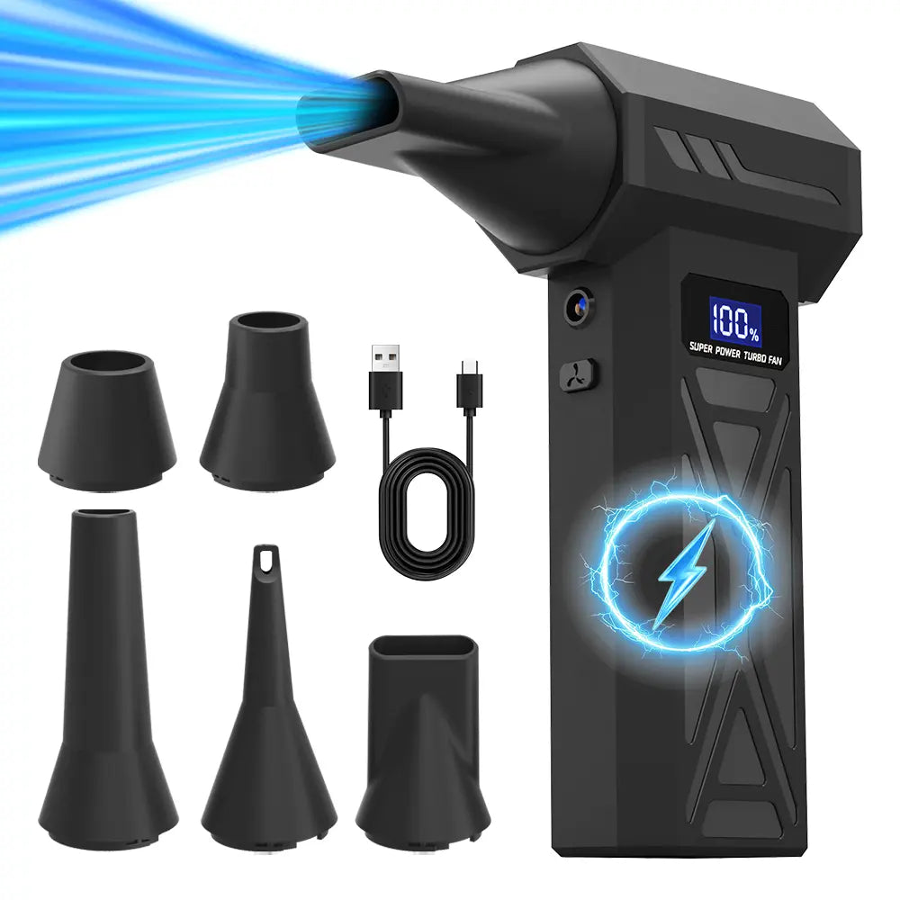 Mother‘S Day Jet Fan with Smart Display - Four Adjustable Wind Speeds, Turbo Fan with Five Nozzle Attachments, High-Capacity Battery for Portable Cleaning of Computers, Keyboards, Cars, and Outdoor Spaces