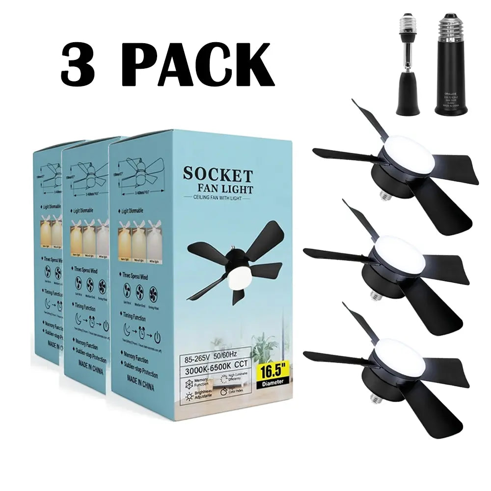 E26/27 Socket Fan Light with Remote,2-In-1 Smart Socket Fan Light with Remote, No Wiring Needed! E26/E27 Screw-In Ceiling Fan with Dimmable LED, 3 Speeds for Bedroom/Kitchen