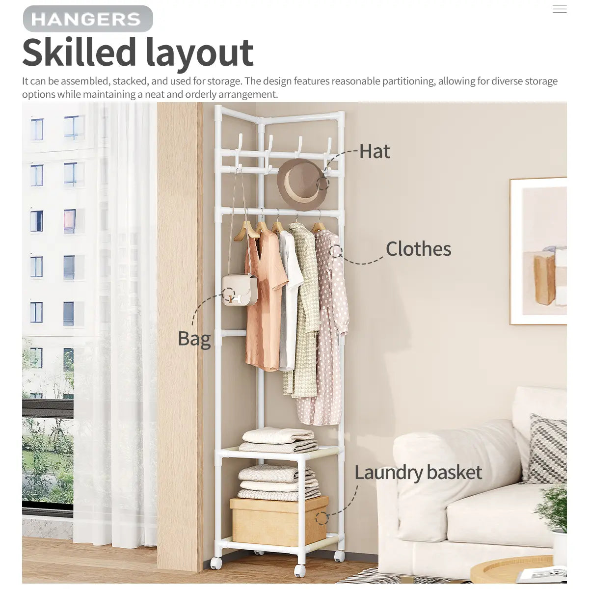 SUOERNUO Black/White 2-Tier Freestanding Metal Corner Coat Rack with 360° Swivel Wheels Space-Saving Organizer with 4 Hooks & Storage Shelves for Bedroom/Entryway