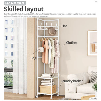 SUOERNUO Black/White 2-Tier Freestanding Metal Corner Coat Rack with 360° Swivel Wheels Space-Saving Organizer with 4 Hooks & Storage Shelves for Bedroom/Entryway