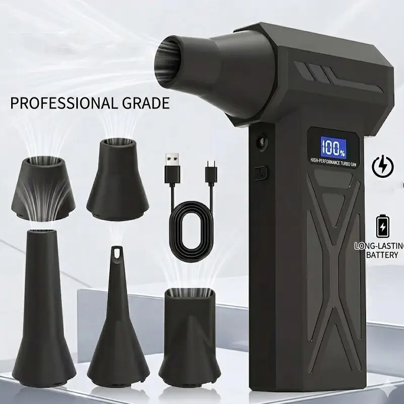Mother‘S Day Jet Fan with Smart Display - Four Adjustable Wind Speeds, Turbo Fan with Five Nozzle Attachments, High-Capacity Battery for Portable Cleaning of Computers, Keyboards, Cars, and Outdoor Spaces