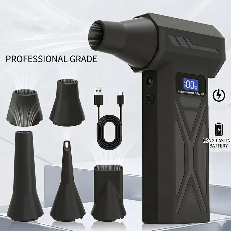 Mother‘S Day Jet Fan with Smart Display - Four Adjustable Wind Speeds, Turbo Fan with Five Nozzle Attachments, High-Capacity Battery for Portable Cleaning of Computers, Keyboards, Cars, and Outdoor Spaces