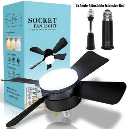 E26/27 Socket Fan Light with Remote,2-In-1 Smart Socket Fan Light with Remote, No Wiring Needed! E26/E27 Screw-In Ceiling Fan with Dimmable LED, 3 Speeds for Bedroom/Kitchen