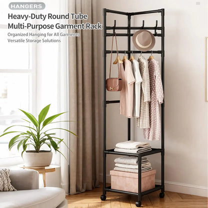 SUOERNUO Black/White 2-Tier Freestanding Metal Corner Coat Rack with 360° Swivel Wheels Space-Saving Organizer with 4 Hooks & Storage Shelves for Bedroom/Entryway