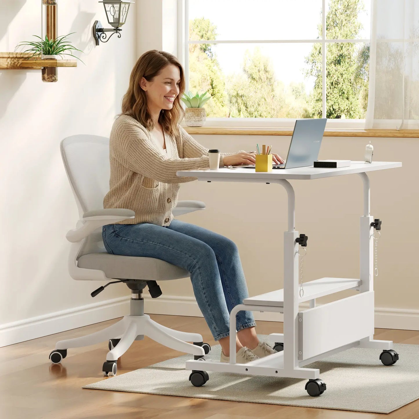 Adjustable Height Laptop Desk, Small Standing Desk on Wheels, Mobile Rolling Computer Table for Home Office, Portable Desk for Small Spaces, Bedroom & Living Room
