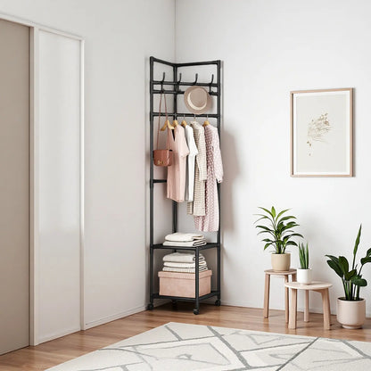 SUOERNUO Black/White 2-Tier Freestanding Metal Corner Coat Rack with 360° Swivel Wheels Space-Saving Organizer with 4 Hooks & Storage Shelves for Bedroom/Entryway
