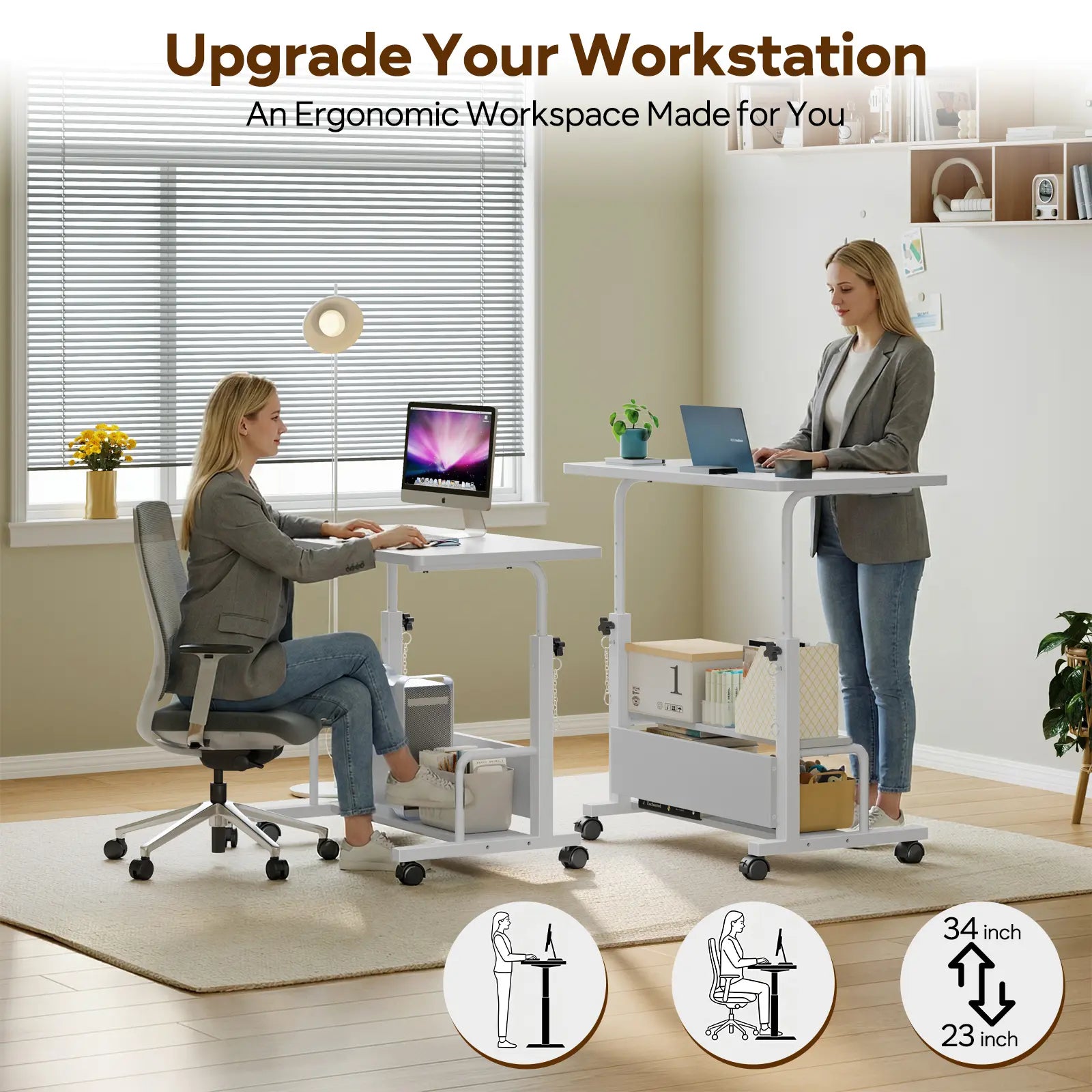 Adjustable Height Laptop Desk, Small Standing Desk on Wheels, Mobile Rolling Computer Table for Home Office, Portable Desk for Small Spaces, Bedroom & Living Room