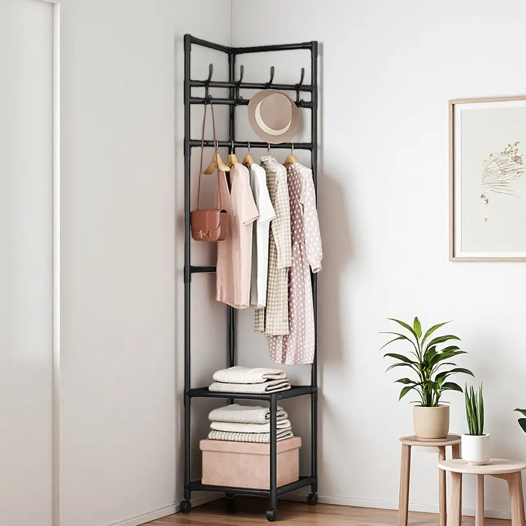 SUOERNUO Black/White 2-Tier Freestanding Metal Corner Coat Rack with 360° Swivel Wheels Space-Saving Organizer with 4 Hooks & Storage Shelves for Bedroom/Entryway
