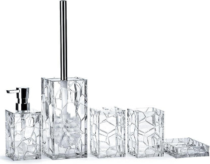 Clear Acrylic Bathroom Accessory Set, 5 Pcs Bathroom Accessories Set with Lotion Dispenser,Soap Dish,Tumbler,Toothbrush Holder,Toilet Brush Set, Elegant Bathroom Decor and Housewarming Gift Set