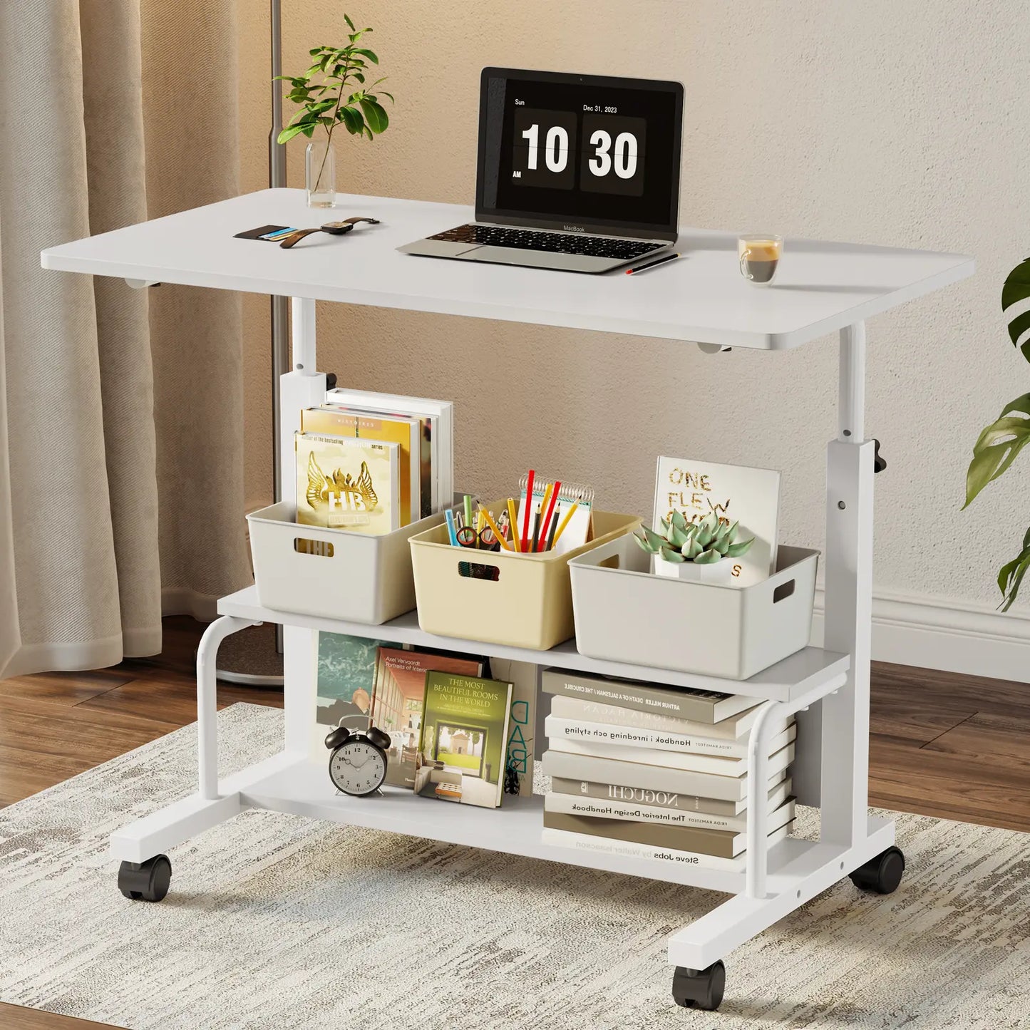 Adjustable Height Laptop Desk, Small Standing Desk on Wheels, Mobile Rolling Computer Table for Home Office, Portable Desk for Small Spaces, Bedroom & Living Room