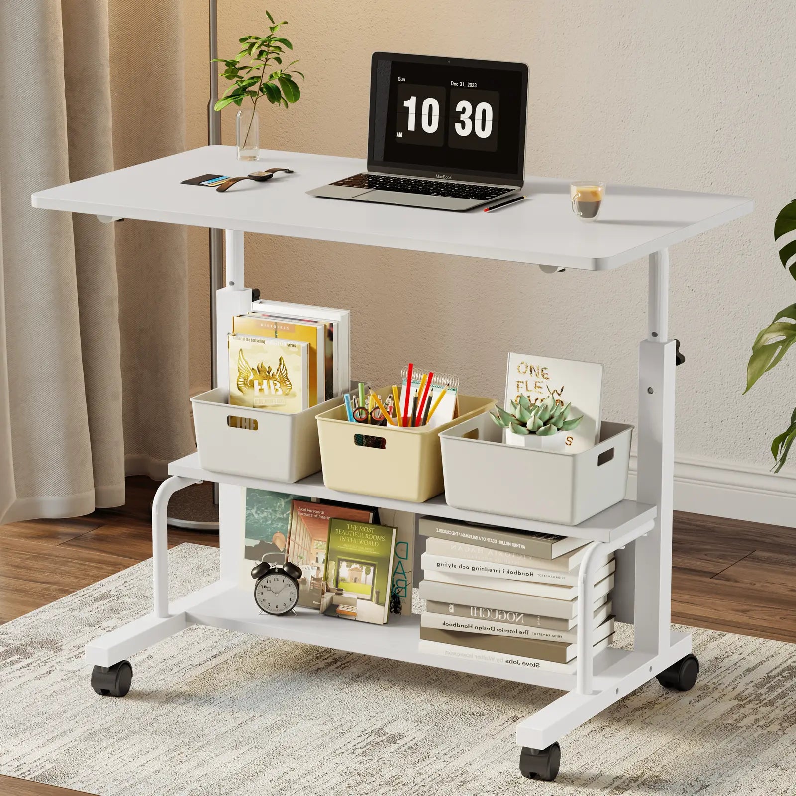 Adjustable Height Laptop Desk, Small Standing Desk on Wheels, Mobile Rolling Computer Table for Home Office, Portable Desk for Small Spaces, Bedroom & Living Room