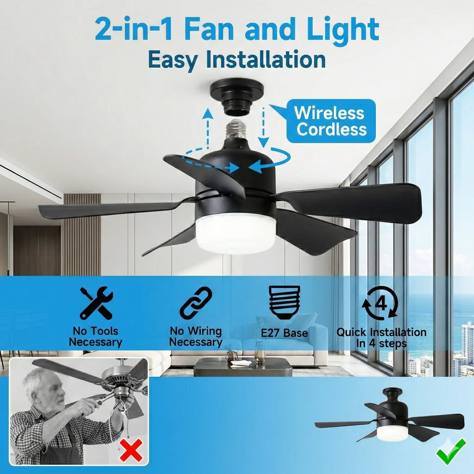 E26/27 Socket Fan Light with Remote,2-In-1 Smart Socket Fan Light with Remote, No Wiring Needed! E26/E27 Screw-In Ceiling Fan with Dimmable LED, 3 Speeds for Bedroom/Kitchen