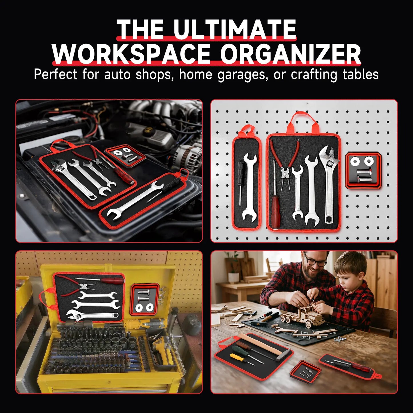 3PC Double-Sided Magnetic Tool Mat Set with Hook, Telescoping Magnetic Pickup Tool, Heavy-Duty Flexible PVC Non-Slip Magnet Pad & Tray Holder, 85 Built-In Magnets, 30LBS Pull Force for Garage, Auto Repair