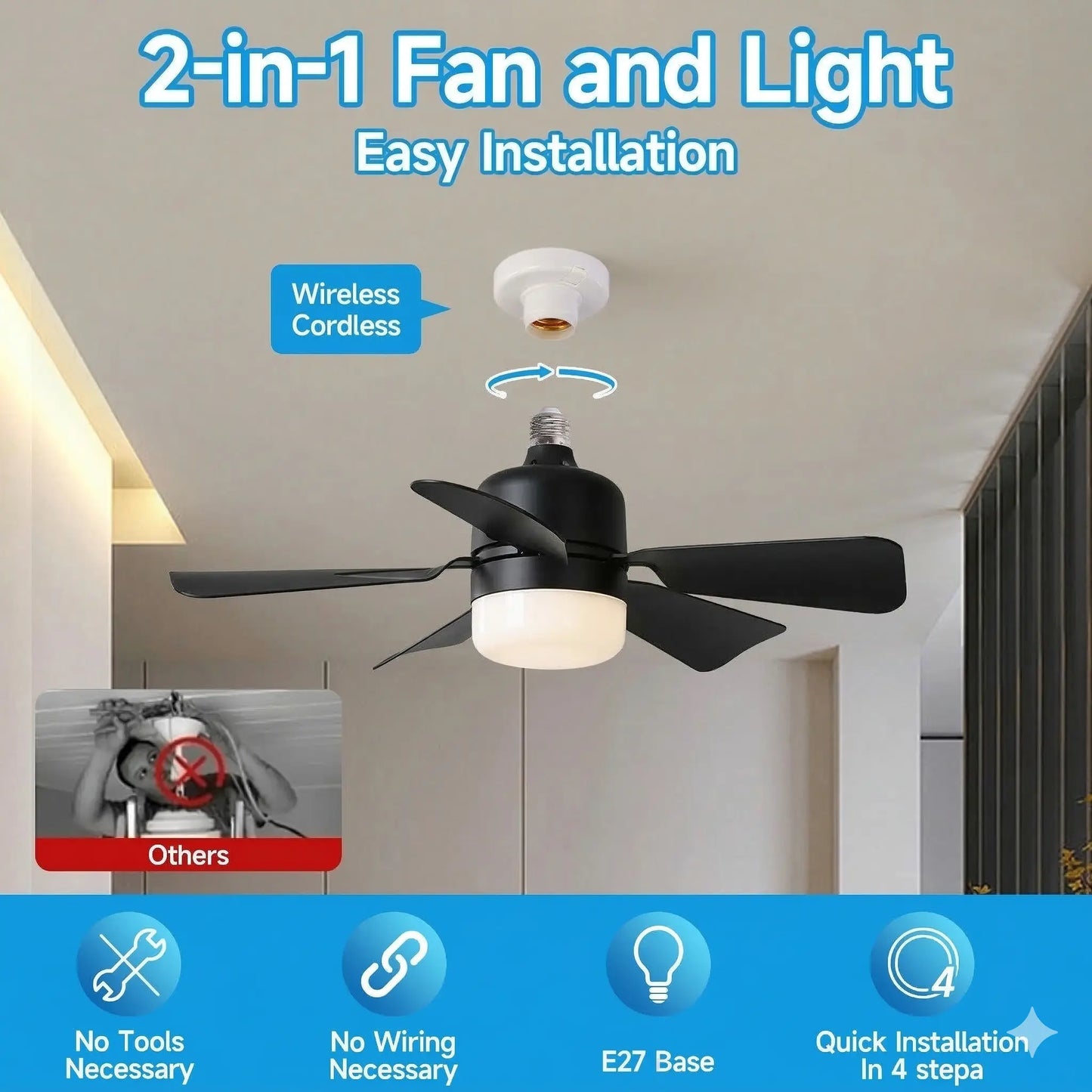 E26/27 Socket Fan Light with Remote,2-In-1 Smart Socket Fan Light with Remote, No Wiring Needed! E26/E27 Screw-In Ceiling Fan with Dimmable LED, 3 Speeds for Bedroom/Kitchen