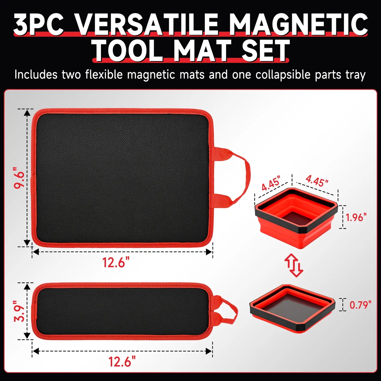 3PC Double-Sided Magnetic Tool Mat Set with Hook, Telescoping Magnetic Pickup Tool, Heavy-Duty Flexible PVC Non-Slip Magnet Pad & Tray Holder, 85 Built-In Magnets, 30LBS Pull Force for Garage, Auto Repair