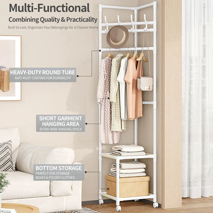 SUOERNUO Black/White 2-Tier Freestanding Metal Corner Coat Rack with 360° Swivel Wheels Space-Saving Organizer with 4 Hooks & Storage Shelves for Bedroom/Entryway