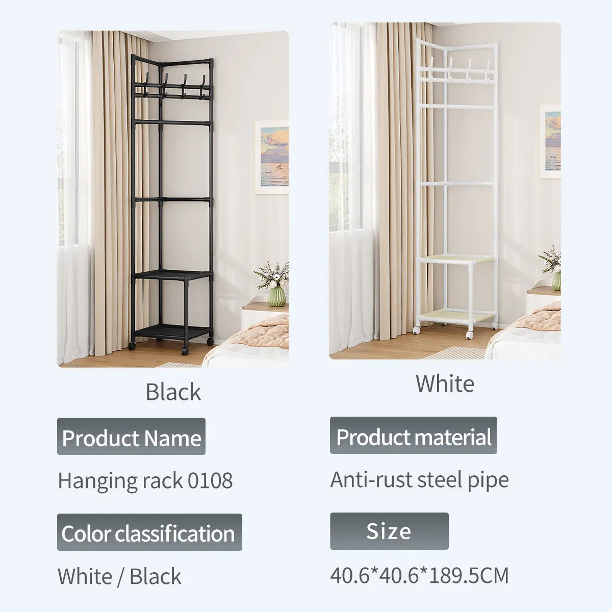 SUOERNUO Black/White 2-Tier Freestanding Metal Corner Coat Rack with 360° Swivel Wheels Space-Saving Organizer with 4 Hooks & Storage Shelves for Bedroom/Entryway