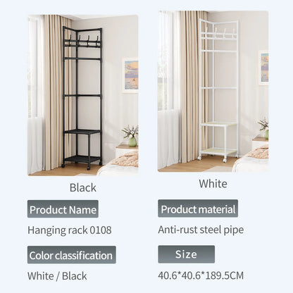 SUOERNUO Black/White 2-Tier Freestanding Metal Corner Coat Rack with 360° Swivel Wheels Space-Saving Organizer with 4 Hooks & Storage Shelves for Bedroom/Entryway