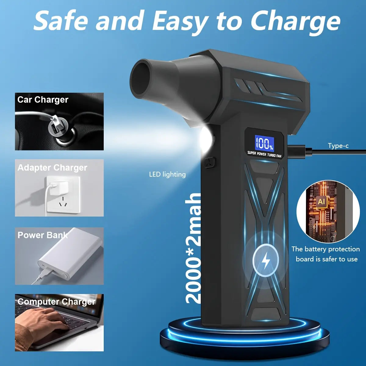 Mother‘S Day Jet Fan with Smart Display - Four Adjustable Wind Speeds, Turbo Fan with Five Nozzle Attachments, High-Capacity Battery for Portable Cleaning of Computers, Keyboards, Cars, and Outdoor Spaces