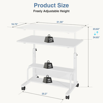 Adjustable Height Laptop Desk, Small Standing Desk on Wheels, Mobile Rolling Computer Table for Home Office, Portable Desk for Small Spaces, Bedroom & Living Room
