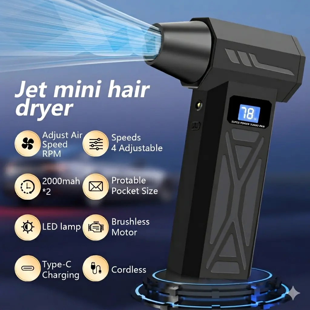 Mother‘S Day Jet Fan with Smart Display - Four Adjustable Wind Speeds, Turbo Fan with Five Nozzle Attachments, High-Capacity Battery for Portable Cleaning of Computers, Keyboards, Cars, and Outdoor Spaces