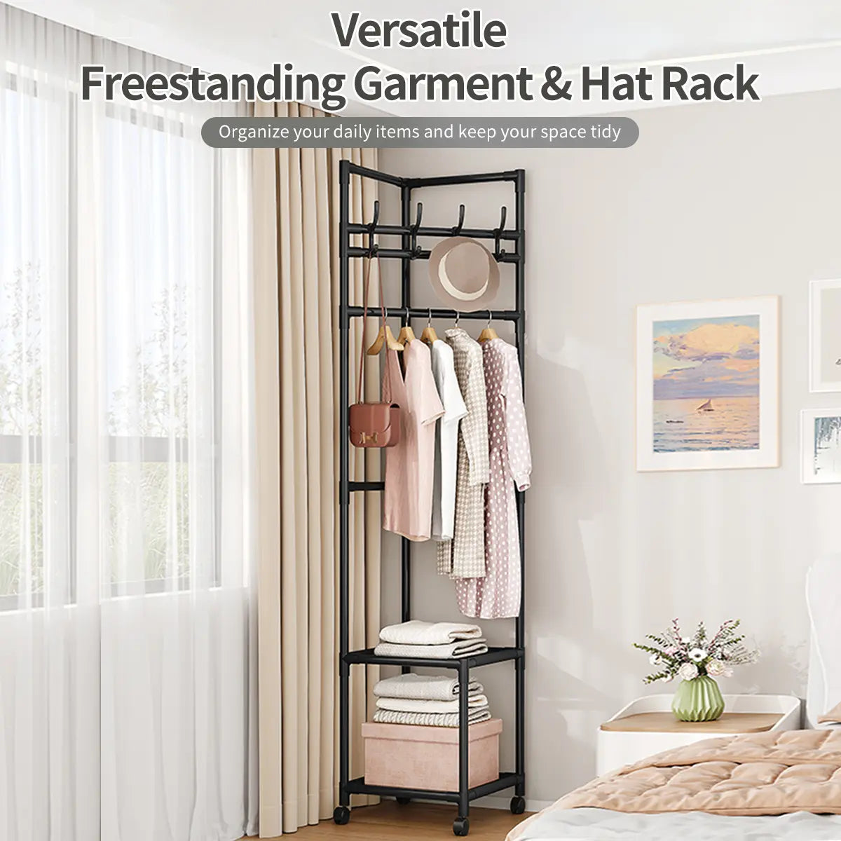 SUOERNUO Black/White 2-Tier Freestanding Metal Corner Coat Rack with 360° Swivel Wheels Space-Saving Organizer with 4 Hooks & Storage Shelves for Bedroom/Entryway