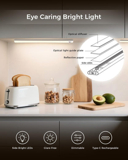 2 Pack 11.8" Motion Sensor Cabinet Light, under Cabinet Lighting with 4 Modes (Auto Night/Day/Always On/Off), 3 CCT & Stepless Dimming, USB Type-C Charging, for Kitchen, Stairs