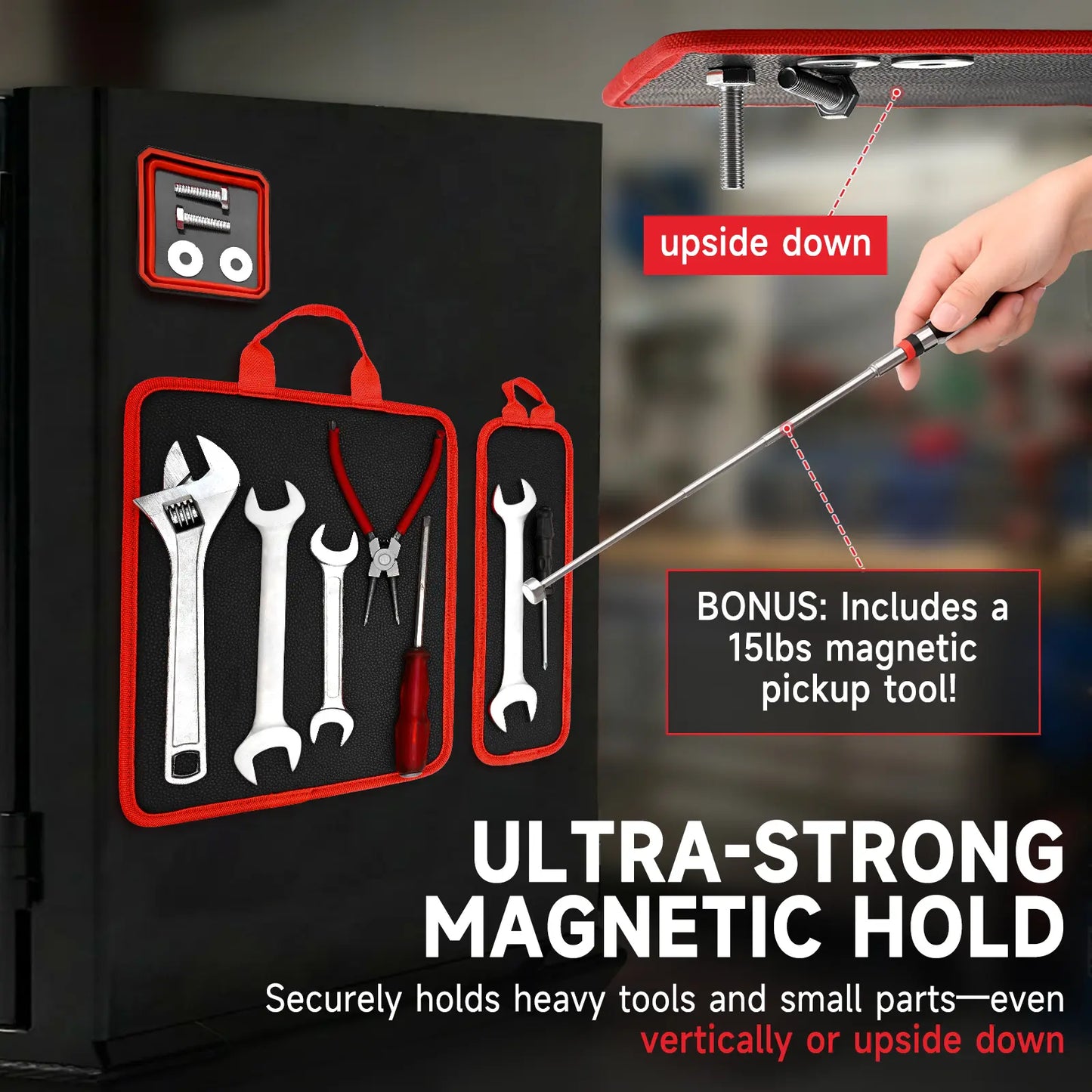 3PC Double-Sided Magnetic Tool Mat Set with Hook, Telescoping Magnetic Pickup Tool, Heavy-Duty Flexible PVC Non-Slip Magnet Pad & Tray Holder, 85 Built-In Magnets, 30LBS Pull Force for Garage, Auto Repair