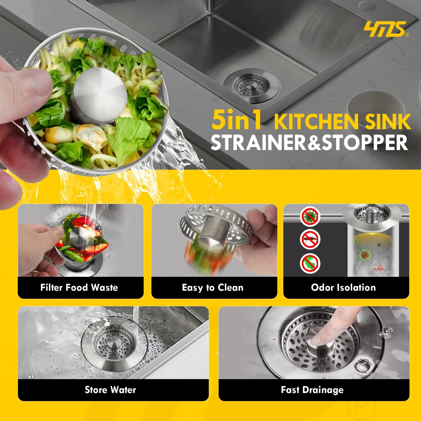 YMS 5-In-1 Stainless Steel Sink Aid Kitchen Sink Drain Strainer Food Catcher Popup Stopper Odor Filter Multi-Functional Strainer Accessories