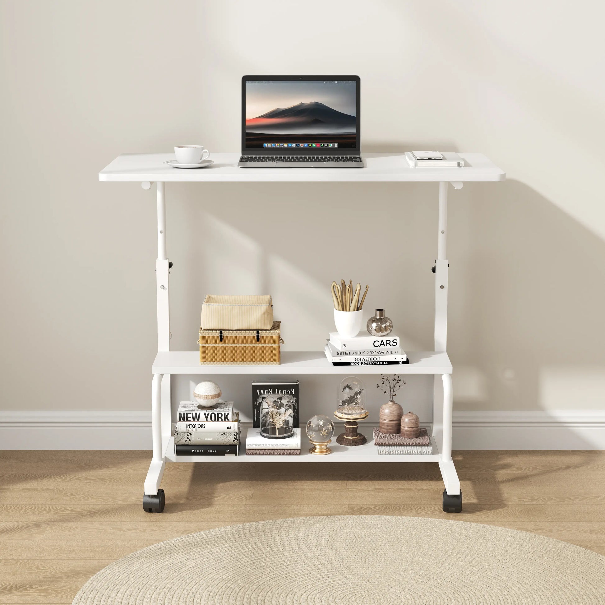 Adjustable Height Laptop Desk, Small Standing Desk on Wheels, Mobile Rolling Computer Table for Home Office, Portable Desk for Small Spaces, Bedroom & Living Room