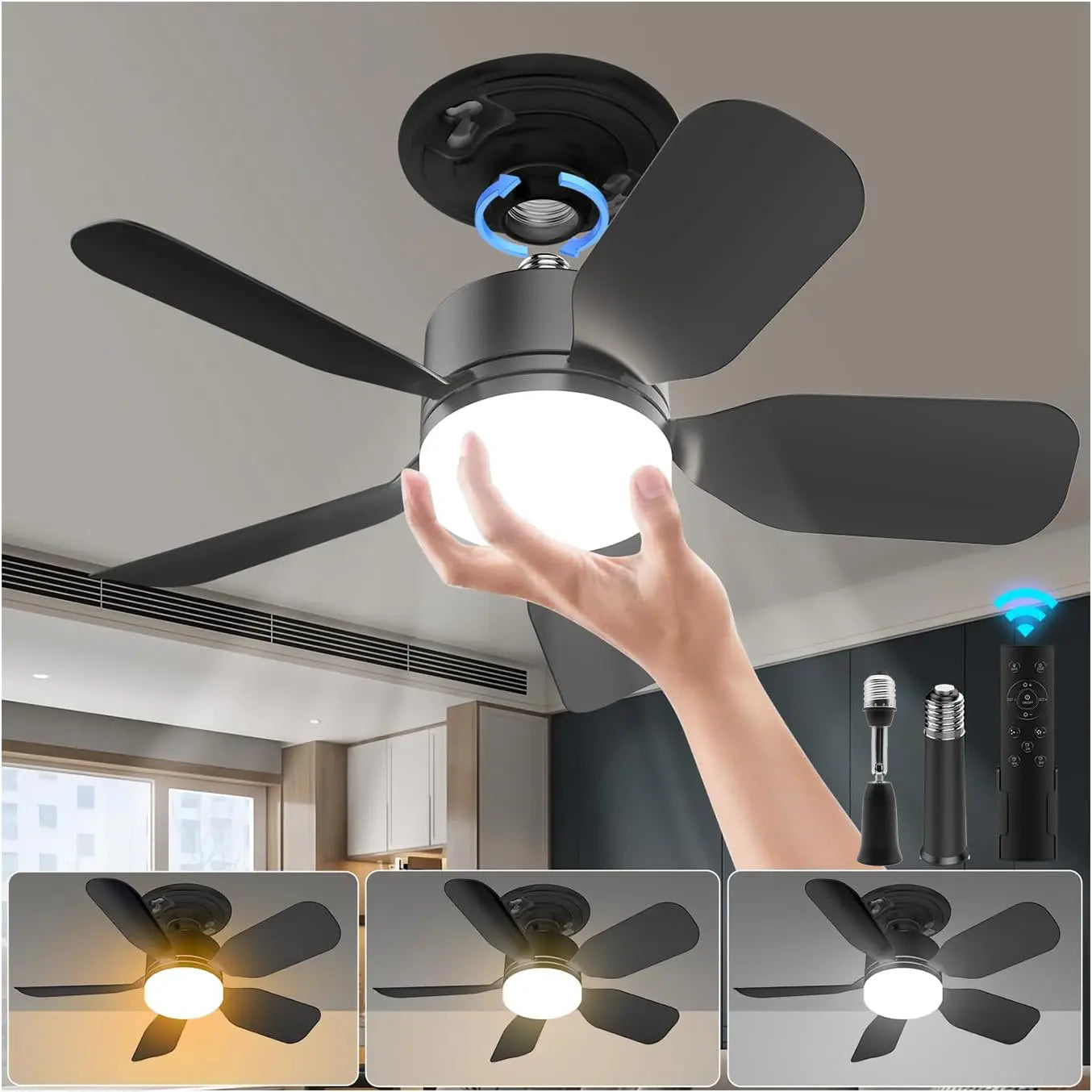 E26/27 Socket Fan Light with Remote,2-In-1 Smart Socket Fan Light with Remote, No Wiring Needed! E26/E27 Screw-In Ceiling Fan with Dimmable LED, 3 Speeds for Bedroom/Kitchen
