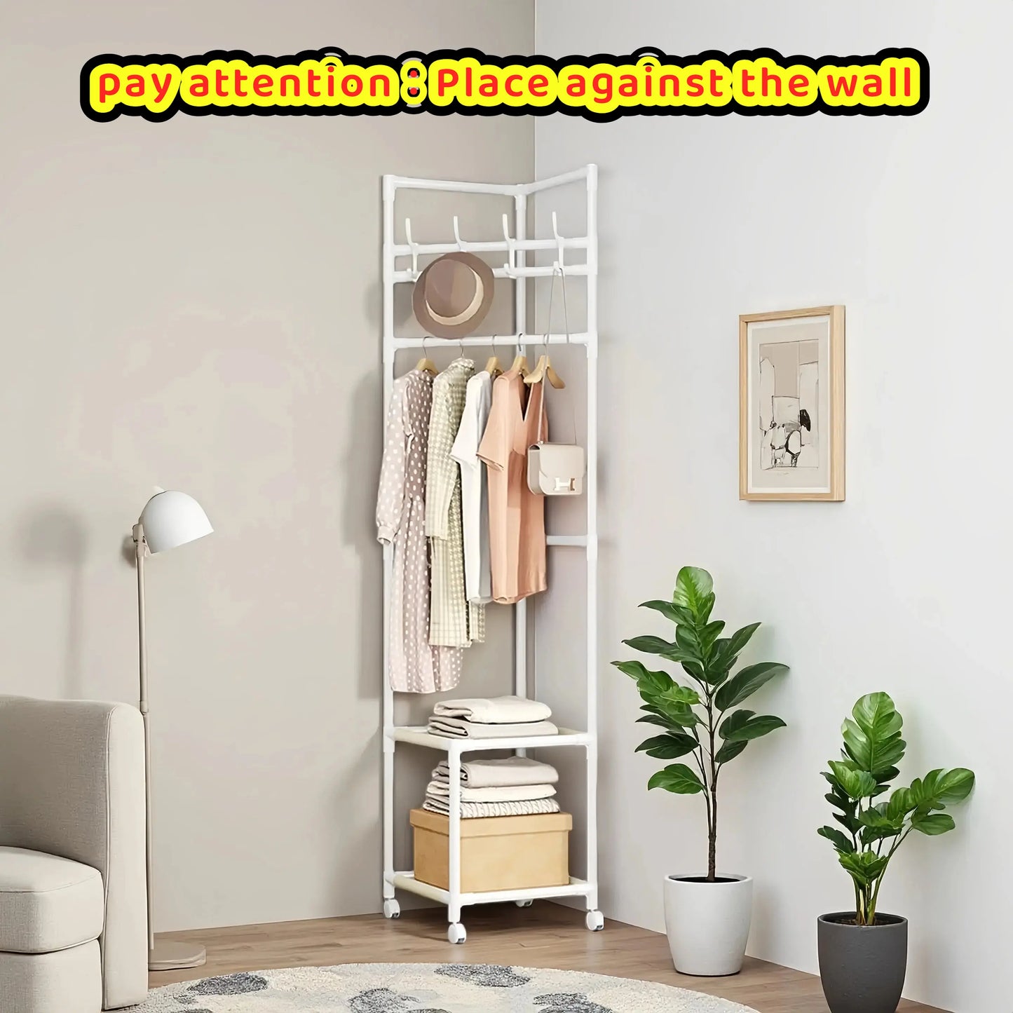 SUOERNUO Black/White 2-Tier Freestanding Metal Corner Coat Rack with 360° Swivel Wheels Space-Saving Organizer with 4 Hooks & Storage Shelves for Bedroom/Entryway