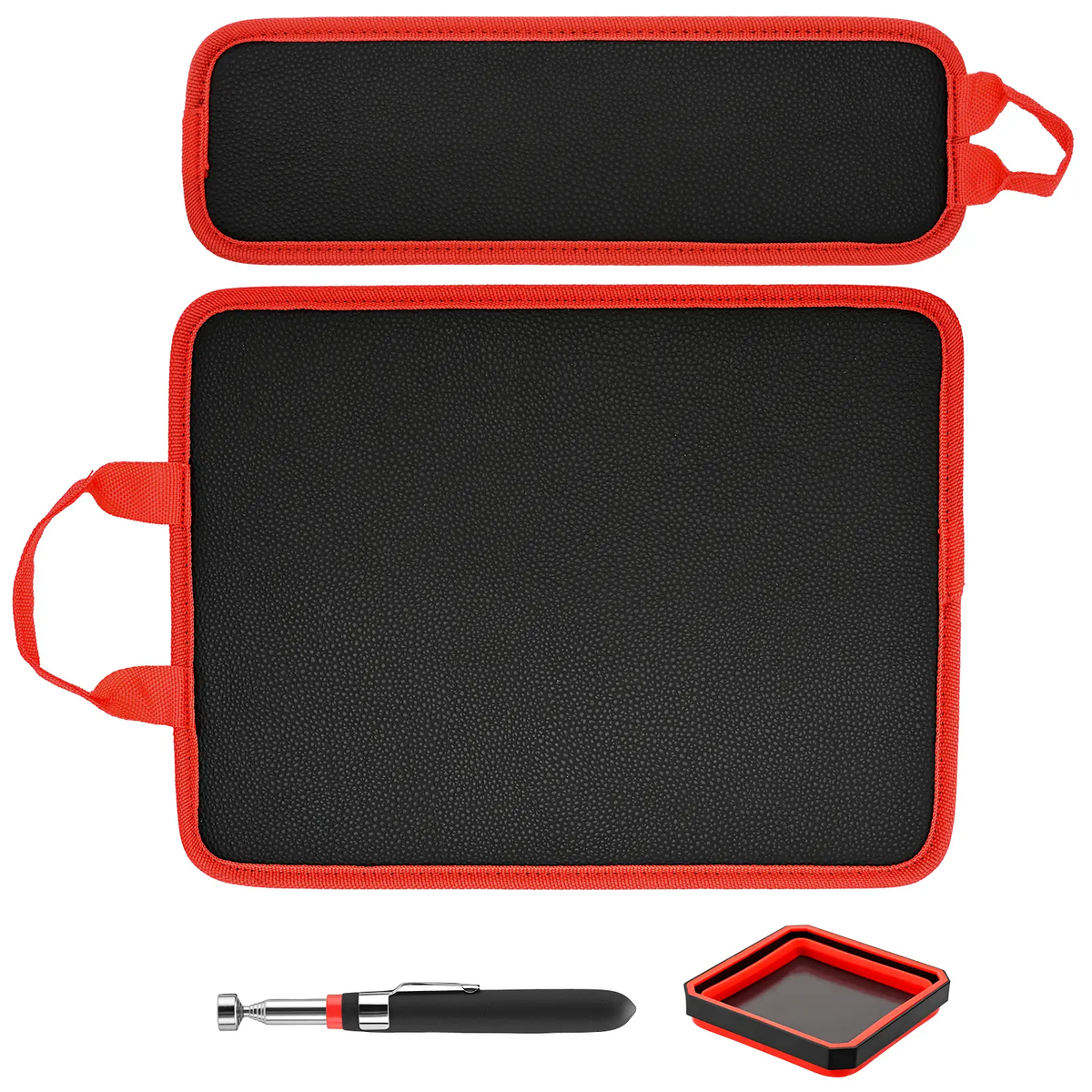 3PC Double-Sided Magnetic Tool Mat Set with Hook, Telescoping Magnetic Pickup Tool, Heavy-Duty Flexible PVC Non-Slip Magnet Pad & Tray Holder, 85 Built-In Magnets, 30LBS Pull Force for Garage, Auto Repair