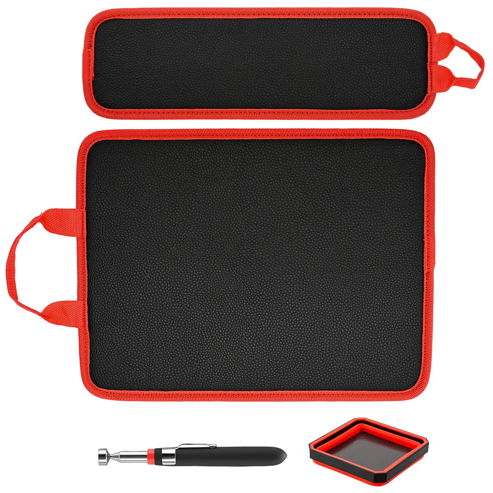 3PC Double-Sided Magnetic Tool Mat Set with Hook, Telescoping Magnetic Pickup Tool, Heavy-Duty Flexible PVC Non-Slip Magnet Pad & Tray Holder, 85 Built-In Magnets, 30LBS Pull Force for Garage, Auto Repair