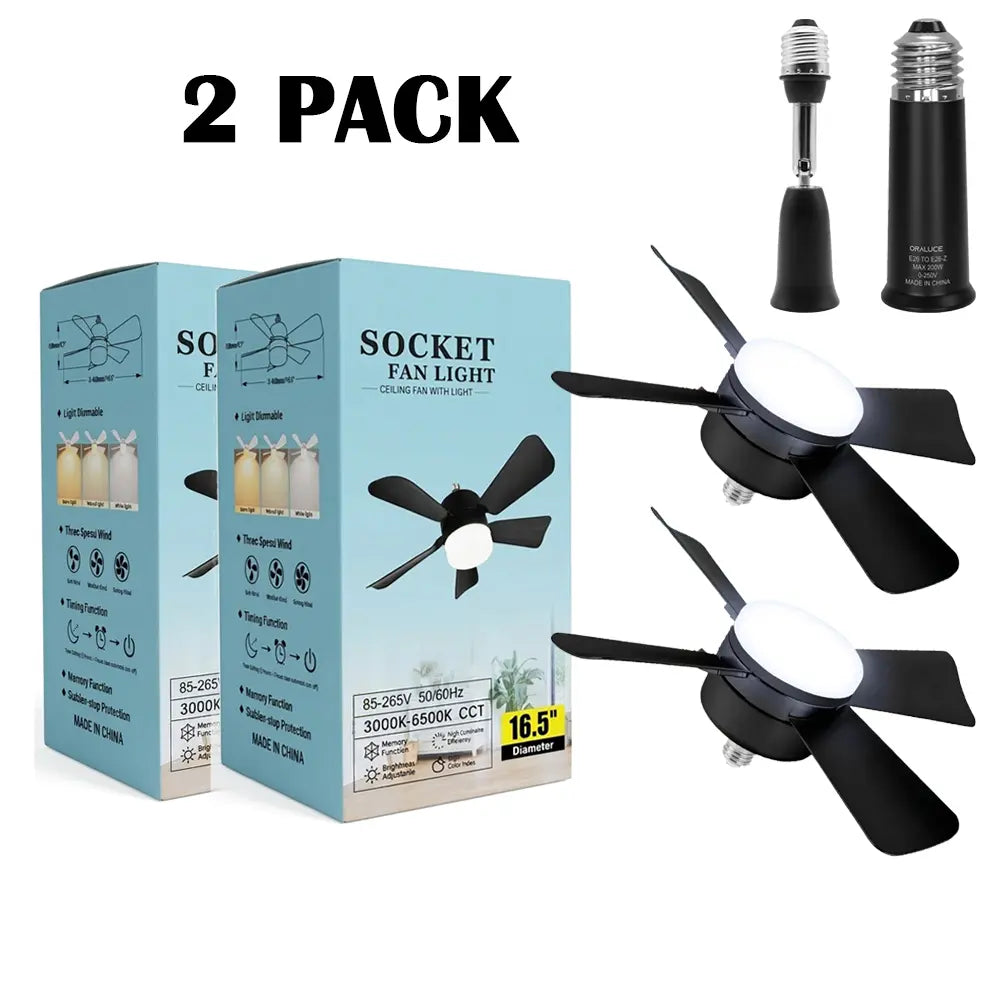 E26/27 Socket Fan Light with Remote,2-In-1 Smart Socket Fan Light with Remote, No Wiring Needed! E26/E27 Screw-In Ceiling Fan with Dimmable LED, 3 Speeds for Bedroom/Kitchen