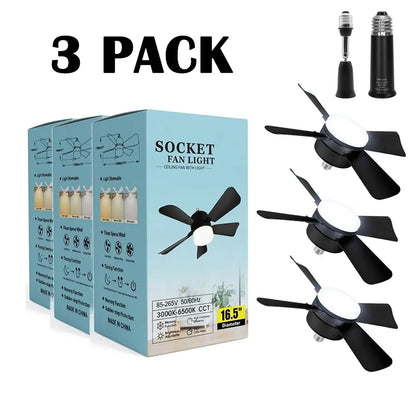 E26/27 Socket Fan Light with Remote,2-In-1 Smart Socket Fan Light with Remote, No Wiring Needed! E26/E27 Screw-In Ceiling Fan with Dimmable LED, 3 Speeds for Bedroom/Kitchen